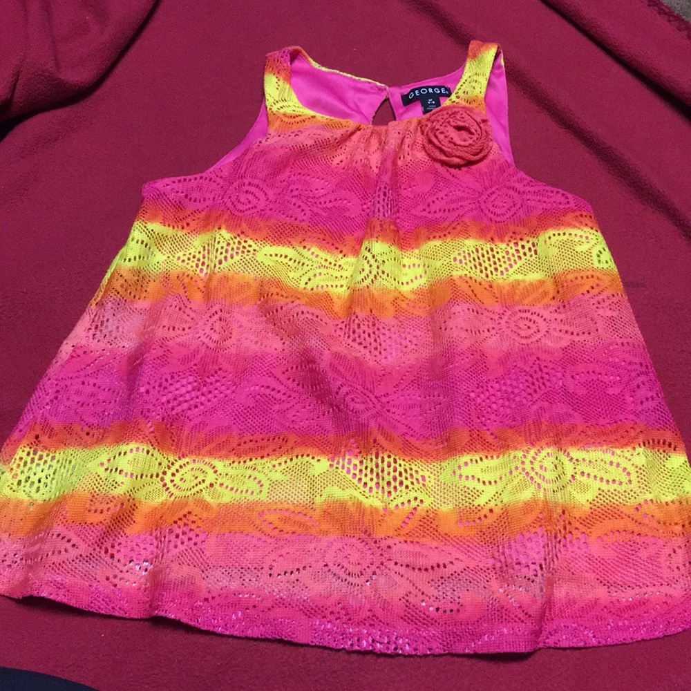tank size 7-8 girls orange, pink & yellow lace top vibrant colors EUC